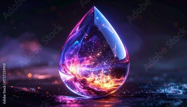 Fototapeta Glimmering cosmic essence encapsulated within a single, futuristic droplet, revealing intricate fractal light patterns against a dark, mystical background