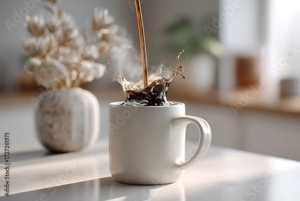 Fototapeta Pouring warm coffee into a minimalist white mug in a cozy kitchen, captured in a still-life photography style with soft, natural lighting.