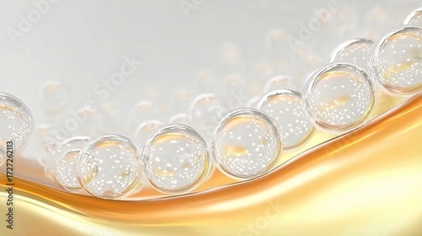 Fototapeta A close-up view of transparent spherical beads with internal speckles, arranged in a curved line on a smooth, golden-yellow surface.