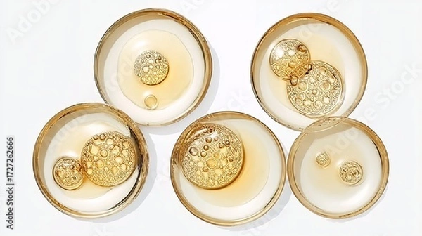 Fototapeta Five ornate golden objects with intricate patterns displayed in circular holders against a white background.