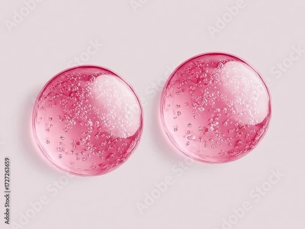 Fototapeta Two translucent pink gel-like spheres with embedded bubbles, captured in a minimalist studio setting.