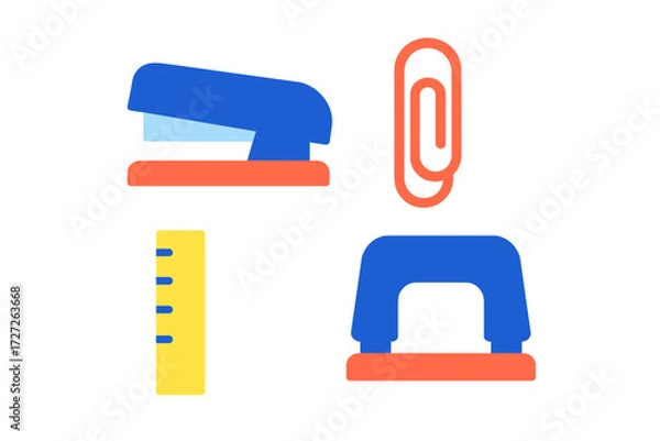 Fototapeta Colorful stationery tools including a stapler, paper clip, ruler, and hole punch displayed on a bright background