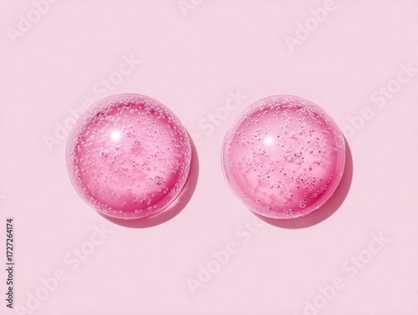 Fototapeta Two translucent pink spheres with internal bubbles resting on a soft pink background, showcasing a minimalist and abstract aesthetic.