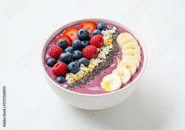 Fototapeta Healthy smoothie bowl with fresh berries and banana isolated on white background