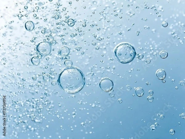 Fototapeta Close-up of shimmering water bubbles against a soft blue background, capturing the delicate interplay of light and liquid.