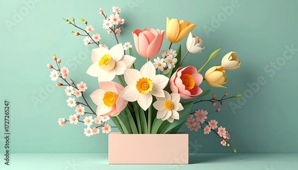 Obraz Pastel blooms in vase on a serene backdrop, featuring tulips, daffodils, and cherry blossoms