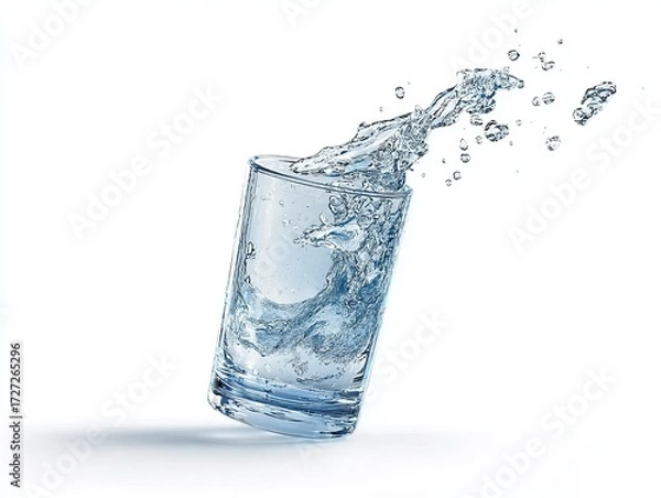 Fototapeta A dynamic splash of water erupts from a tilted glass, capturing the fluid motion and clarity against a stark white background.