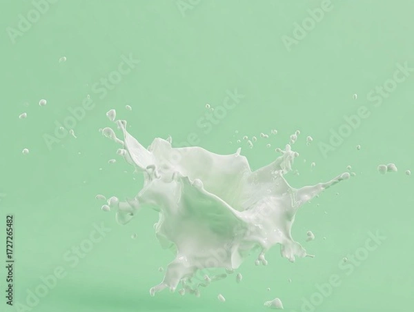 Fototapeta Dynamic splash of liquid captured mid-air against a soft green background, showcasing fluid motion and texture.