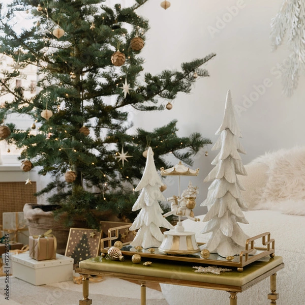 Fototapeta Holiday still life on a brass-trim table, two white trees and a carousel figurine with baubles and lights beside a natural Christmas tree.