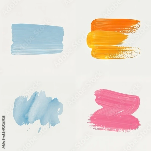 Obraz Four colorful paint strokes on a white background showcasing blue orange yellow and pink brushstrokes art