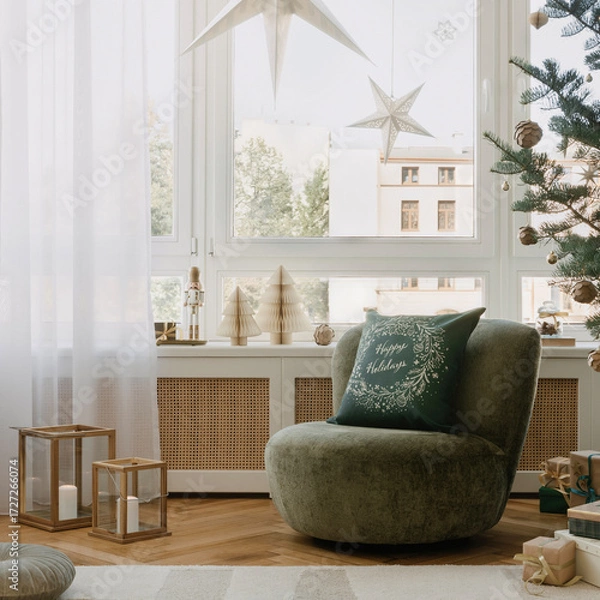 Fototapeta Bright window nook with green lounge chair, paper stars and white trees, gifts and a natural Christmas tree complete the serene holiday scene.