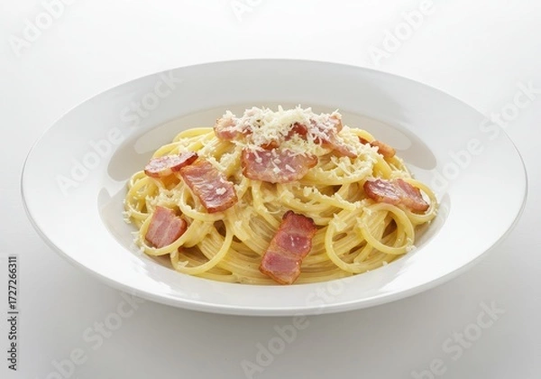 Fototapeta Spaghetti carbonara with bacon and cheese isolated on white background