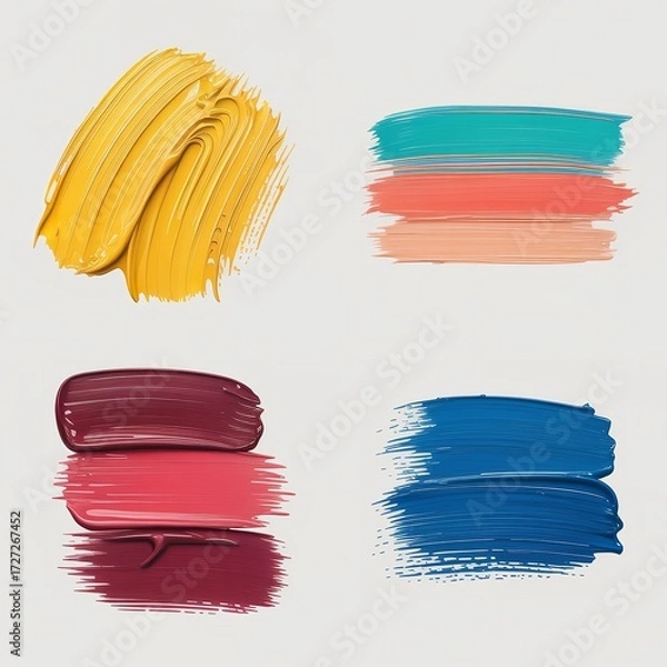 Obraz Four sets of paint strokes in yellow, teal, coral, burgundy, pink, and blue on a white background