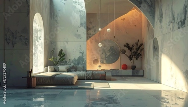 Obraz Interior rendering of a modern living space, featuring a couch, plants, large window, and marble walls. Ambient light casts shadows