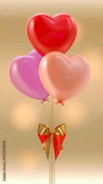 Fototapeta Heart-shaped balloons in various colors with festive ribbon bow  