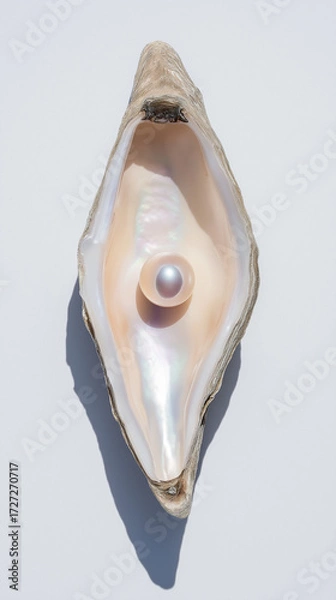 Fototapeta Open oyster shell displaying a single pearl on white background  
