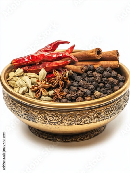Fototapeta Assorted spices in ornate bowl including chilies, cinnamon, and cardamom  