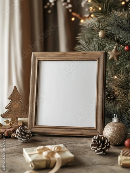 Fototapeta Empty picture frame with Christmas decorations on wooden table  
