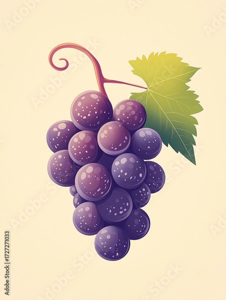 Fototapeta Grapes depicted in a colorful, stylized illustration with leaf  