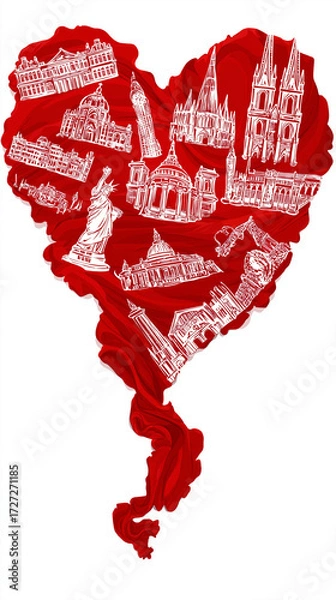 Fototapeta Heart shape made of famous landmarks on red background  