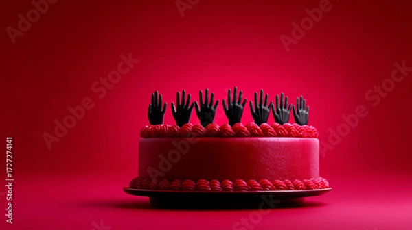 Fototapeta Halloween cake with black hands instead of candles on deep blood red background  