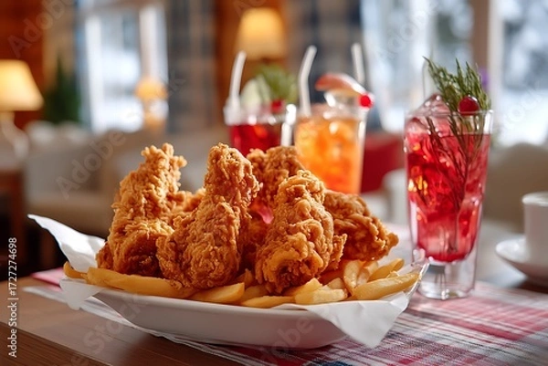 Fototapeta Savoring crispy fried chicken and fries with refreshing drinks, captured in a cozy restaurant setting for a delicious indoor culinary experience.