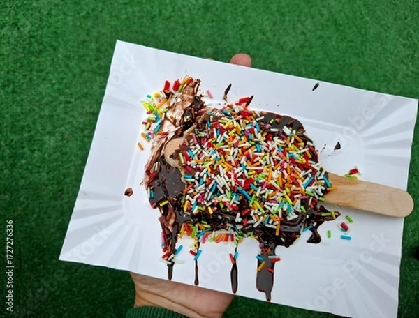 Fototapeta This is a fun and sweet dessert made especially for kids! The soft chocolate base is like a brownie, topped with a rich chocolate glaze. It's generously covered with colorful sugar.