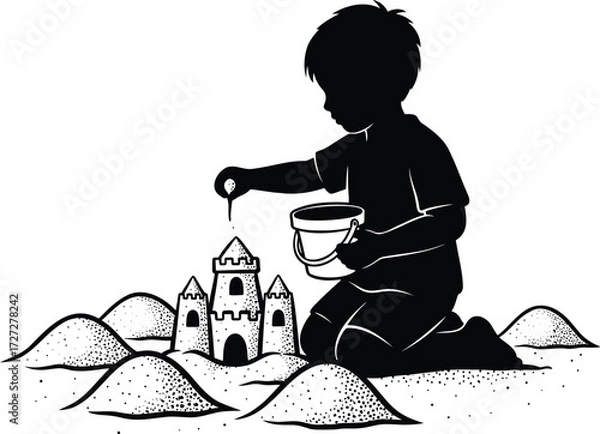 Fototapeta Child building sandcastle vector silhouette illustration with bucket on beach