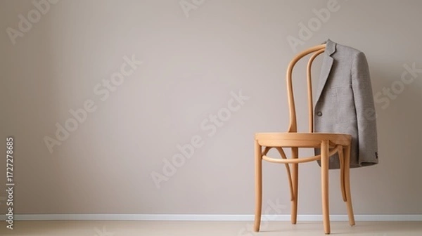 Fototapeta A simple wooden chair with a neatly draped jacket stands against a minimalist wall. The composition emphasizes simplicity, modern interior design and subtle elegance