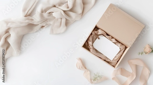 Fototapeta A minimalist flat lay of an opened cardboard gift box with tissue fabric and a blank card for copy space. The neutral colors and soft textures make it suitable for branding, e-commerce, and packaging 