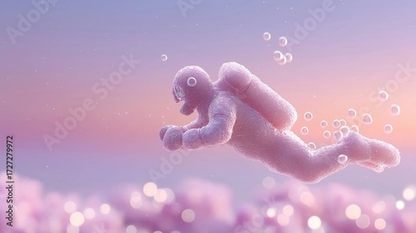 Fototapeta A surreal astronaut figure made of textured pink bubbles floats in a dreamy pastel environment. The creative 3D artwork conveys imagination, fantasy, and futuristic adventure