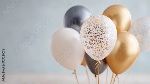 Fototapeta Luxury balloons in black, gold, white, and silver with sparkling detail float together, symbolizing festivity and celebration. The sophisticated color palette highlights elegance and premium event