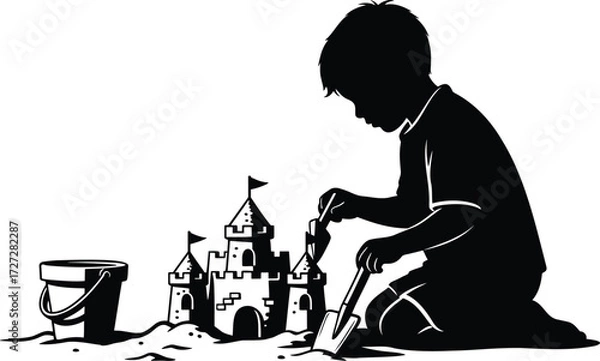 Fototapeta Child building sandcastle vector silhouette illustration with bucket and shovel