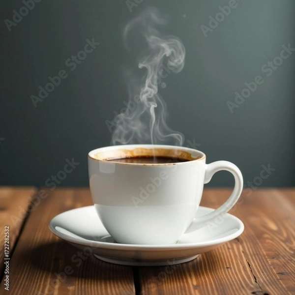 Fototapeta Steam rising from a dark roast coffee in a white mug on a rustic wooden table , brown, close-up, hot