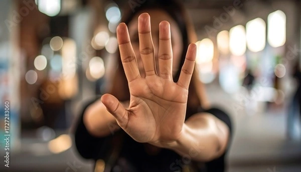 Obraz Upraised hand blocking view in soft-focus urban backdrop