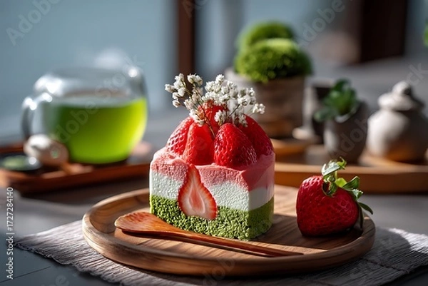 Fototapeta Savoring fresh strawberry cheesecake and green tea in a serene setting, with natural light highlighting the refreshing treat experience.