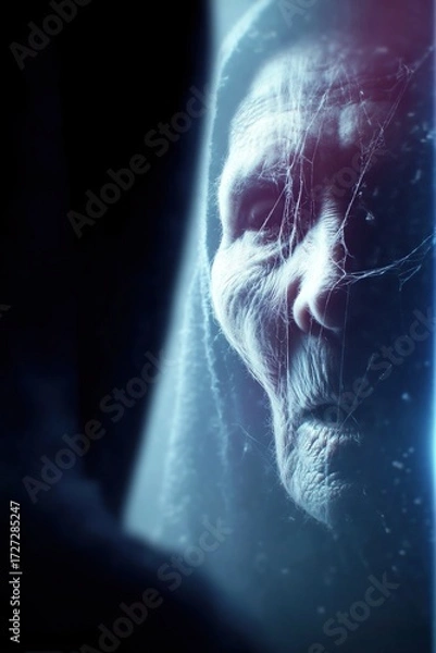 Fototapeta Witch’s reflection in enchanted mirror with cobwebs
