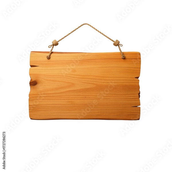 Fototapeta Rustic wooden sign with rough edges hanging by wire against a stark black background