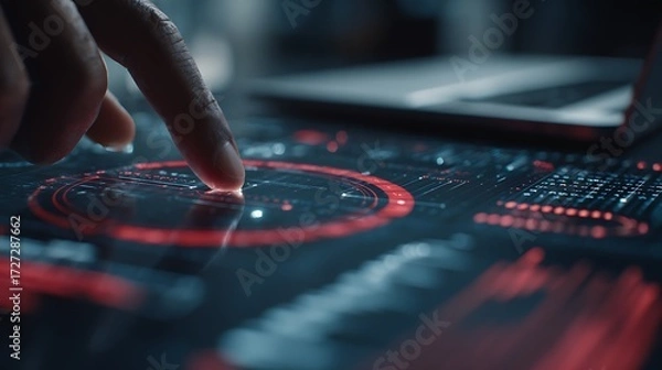 Obraz Futuristic Digital Interface with Red Circular Elements on Touchscreen in Dark Environment