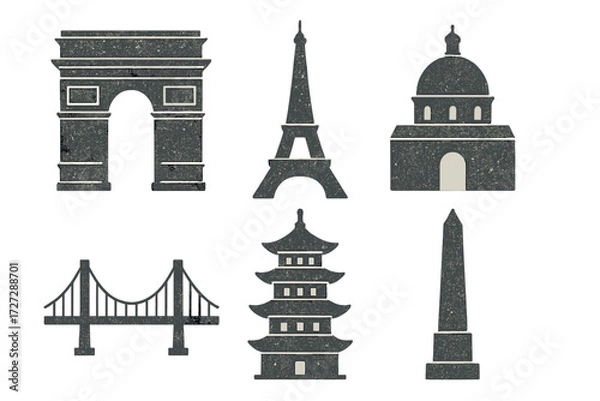 Fototapeta Iconic landmarks represented in simple black and white graphic design creating a unique travel theme