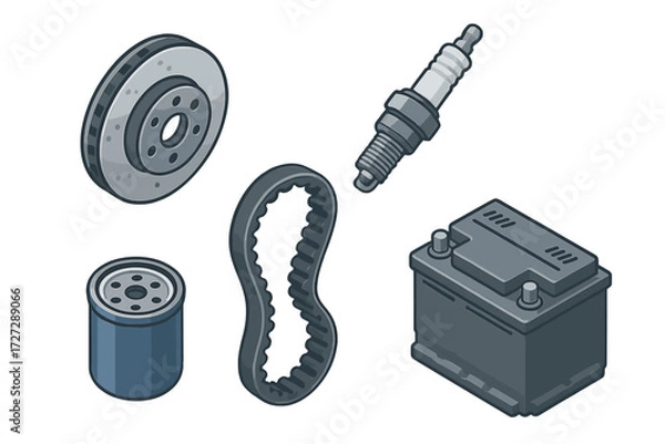 Fototapeta Car maintenance parts including brake disc, spark plug, oil filter, timing belt, and battery displayed in a clear layout