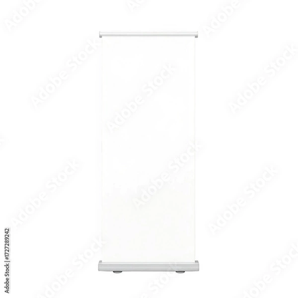Fototapeta Blank white roll up banner stand displaying a clean and empty advertising space on black background