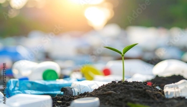 Obraz Small green sprout grows amidst scattered plastic bottles and debris, bathed in sunlight