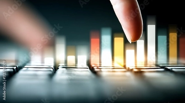 Fototapeta Business Person Hand Adjusting Colorful Bar Graph on Keyboard in Office Setting