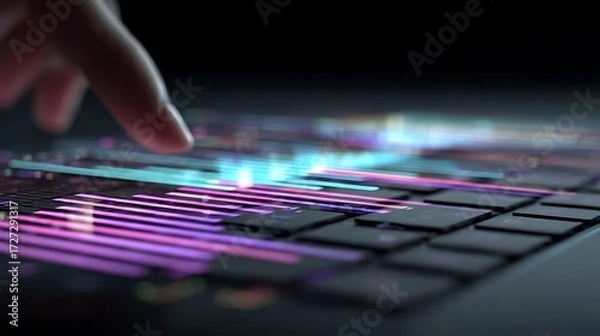 Fototapeta Close-up of a Hand Touching a Colorful Illuminated Gaming Keyboard with Vibrant Led Lights in Dark Environment