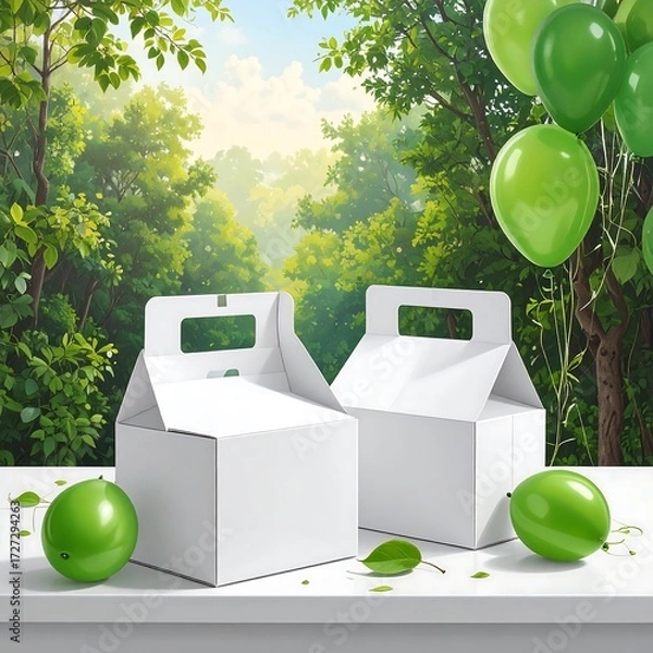 Obraz White takeout boxes on a table in a forest scene
