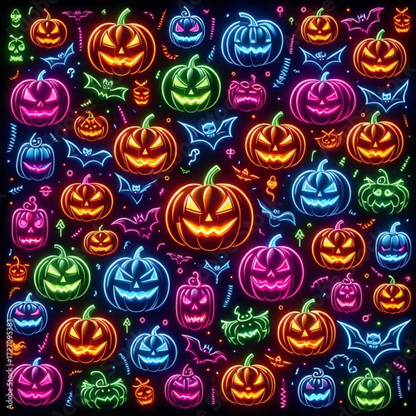 Fototapeta Halloween 3d neon colorful pattern icons Background
