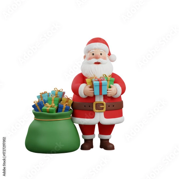 Fototapeta Santa Claus holding gift box and standing next to sack full of presents. New Year and Christmas holiday concept on transparent background.