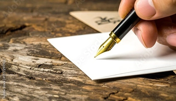 Obraz Hand holding a fountain pen poised over white paper on a rustic wood surface