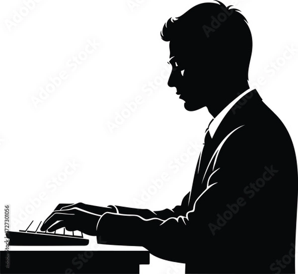 Fototapeta Businessman silhouette working on computer keyboard vector illustration in profile